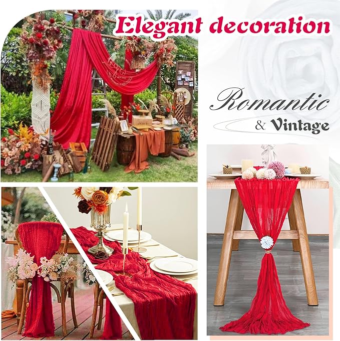 Red Cheesecloth Table Runner 6 Pack 35" Boho Gauze Runner 120 inches Long Runner Rustic Sheer Fabric Bulk for Baby Shower Wedding Bridal Birthday Party Table Decorations