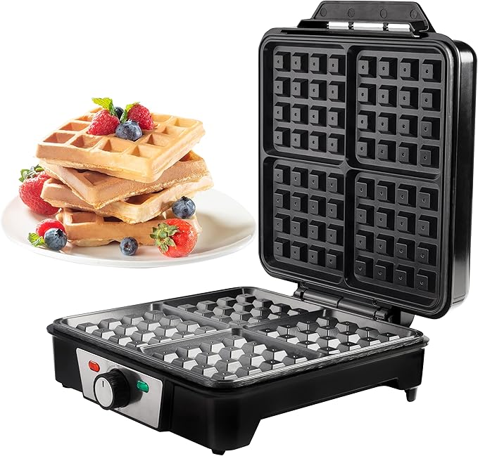 CucinaPro Four Square Belgian Waffle Maker, Extra Large Stainless Steel Kitchen Appliance w Nonstick Waffler Iron Plates- Make 4 Fluffy Waffles, Griddle for Family Morning Breakfast with Recipe Guide