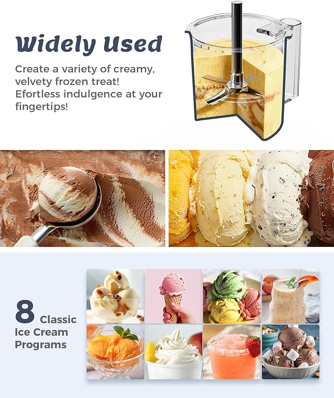 Alcarin Electric Ice Cream Maker Machine for Homemade, Frozen Treat, Gelato, Yorgurt, Sorbet, Mix-in & More, 10 One-Touch Programs with 3 Pints, Keto, Vegan, Dairy-Free Options