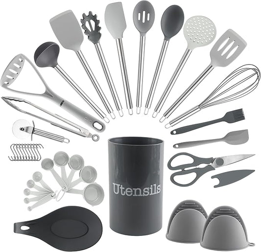 COOK WITH COLOR Silicone Cooking Utensils, Kitchen Utensil Set, Easy to Clean Silicone Kitchen Utensils, Cooking Utensils for Nonstick Cookware, Kitchen Gadgets Set, 38 Piece, Gray