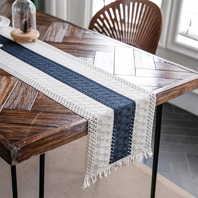 Alynsehom Macrame Table Runner Cream Beige and Blue Boho Table Runners with Tassels Hand Woven Cotton Table Runner Rustic Farmhouse Table Runners for Bohemian Kitchen Dining Table(12x95in)