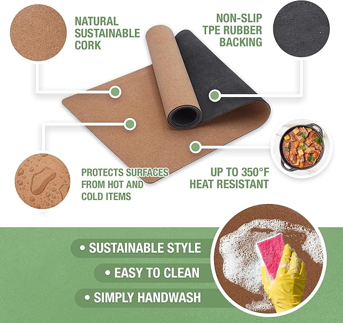 RIMONA'S Heat Resistant Table Runner - Waterproof, Trivet Runner, Heat Proof Table Protector, Trivet Table Runner, Ideal for Gifting, Mother-in-Law Gift, All-Natural Cork Table Runner