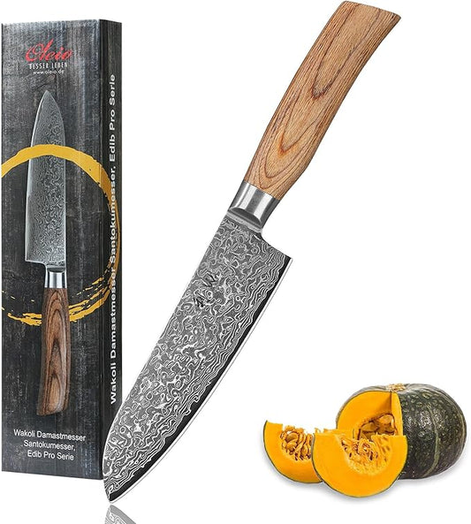 Wakoli EDIB Pro Damascus Santoku Knife – Japanese Style Kitchen Knife | 6.3-Inch Genuine Damascus Steel Blade with VG10 Core | Ergonomic Pakkawood Handle | High Cutting Performance