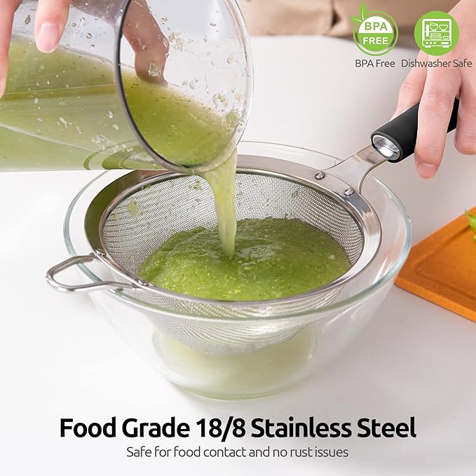 18/8 Stainless Steel Mesh Strainer: U-Taste 5.5 Inch Kitchen Fine Mesh Sieve Food Colander with Riveted Sturdy Silicone Handle and 30 Mesh Hole for Straining Flour, Pasta, Fruit, Quinoa (Black)