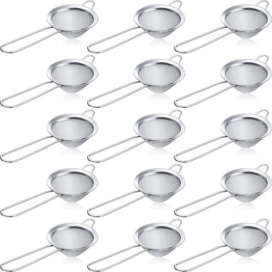 Yungyan 15 Packs Fine Mesh Small Strainer 3.3" Cocktail Strainer Stainless Steel Tea Strainers Mini Sieve Sifter for Juice, Tea Herbs, Coffee Drinks, Long Handle(Silver)