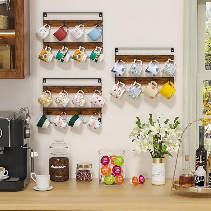 Wall Mount Coffee Mug Holder - Rustic Wood and Iron, Holds Up to 24 Mugs (3Pack) for Kitchen, Home, Coffee Bar