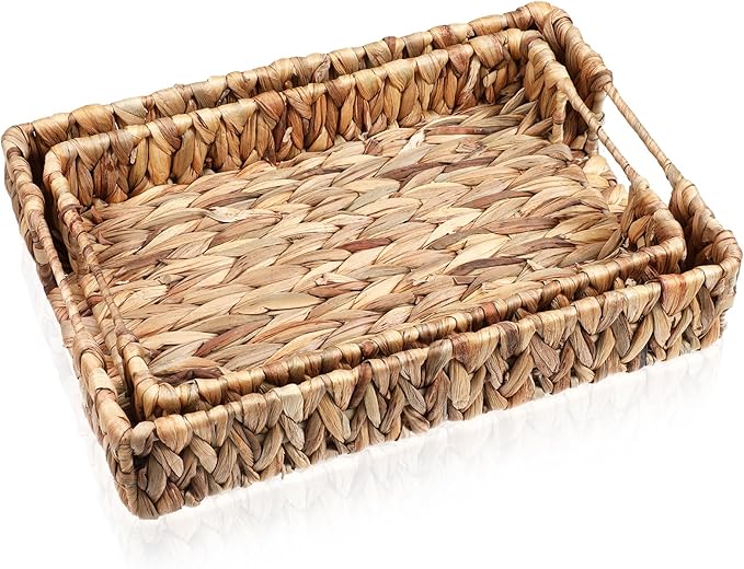 2 PCS Wicker Tray, Hyacinth Storage Baskets with Handle Shallow Basket Handmade Woven Tray Small Wicker Baskets Rectangular for Bathroom, Living Room and Kitchen Decoration or Storage