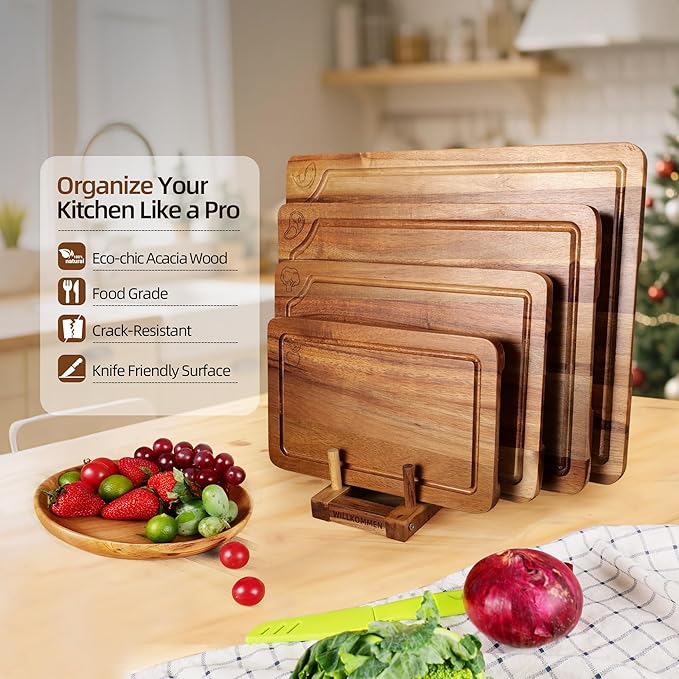 WILLKOMMEN Acacia Wood Cutting Boards Set for Kitchen, 4-Piece Chopping Board Set with Food Icon (Meat, Fish, Vegetables, Fruits) Wooden Butcher Block with Stands & Juice Groove (S,M,L,XL)