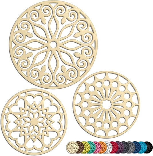 3 Set Silicone Trivet Mats with 1 Extra Large Included | Intricately Carved Insulated Flexible Durable Non Slip Thick Round Premium Trivets for Hot pots and Pans | Beige Milkshake (Faded Yellow)