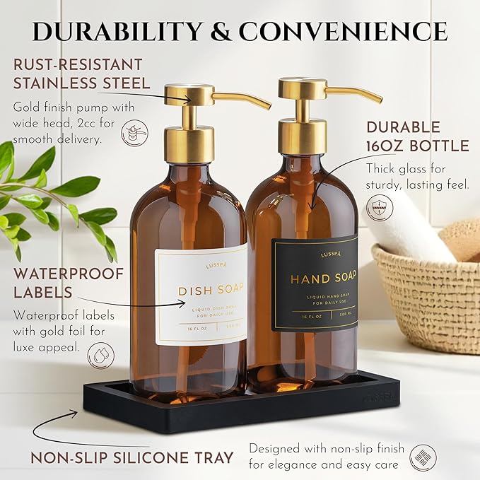 Lotion, Hand & Dish Soap Dispenser for Kitchen & Bathroom | Soap Dispenser Set of 2 16.8 Oz Glass Bottles with Stainless Steel Pump, 15 Water Proof Labels & Silicon Tray (Amber/Gold)