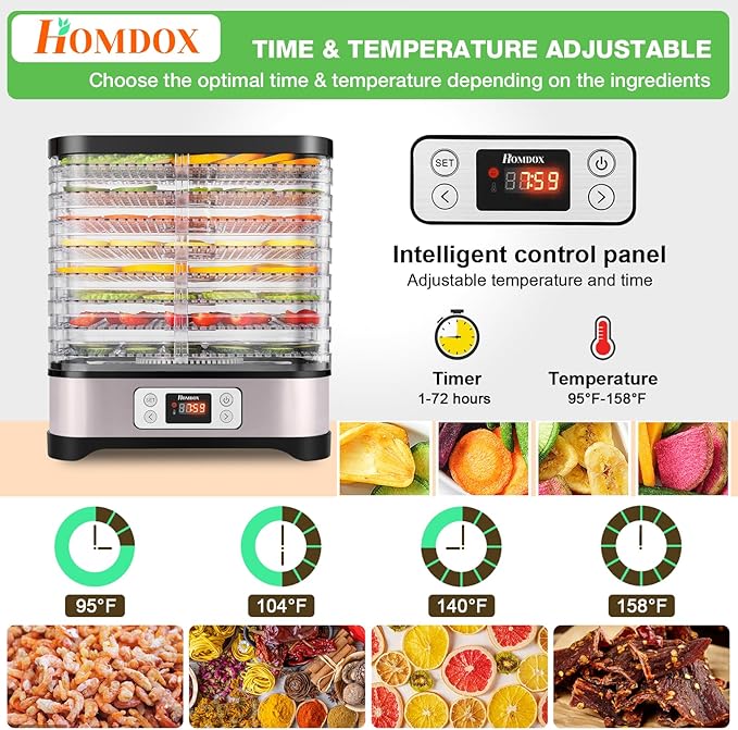 Homdox Food Dehydrator Machine, 8 BPA-Free Trays, 72H Timer & Temperature Control 158°F Max, 400W Dehydrator for Food and Jerky, Fruit, Herbs, Meat, Veggies, Dog Treats, Fruit Roll Sheet Included