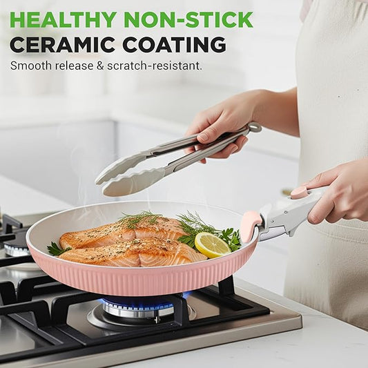 NutriChef 18-Piece Ceramic Cookware Set with Detachable Handles, Non Stick Pots and Pans, PTFE-Free Natural Ceramic Coating, Space-Saving Design, Oven & Stove Safe, Includes Utensils, Cream