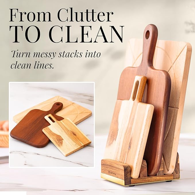 STYLED SETTINGS Cutting Board Organizer – Acacia Wood Stand with Gold Stainless Steel Base, Kitchen Holder Rack for Cabinet or Countertop Storage - Holds Three Boards for Easy Storage