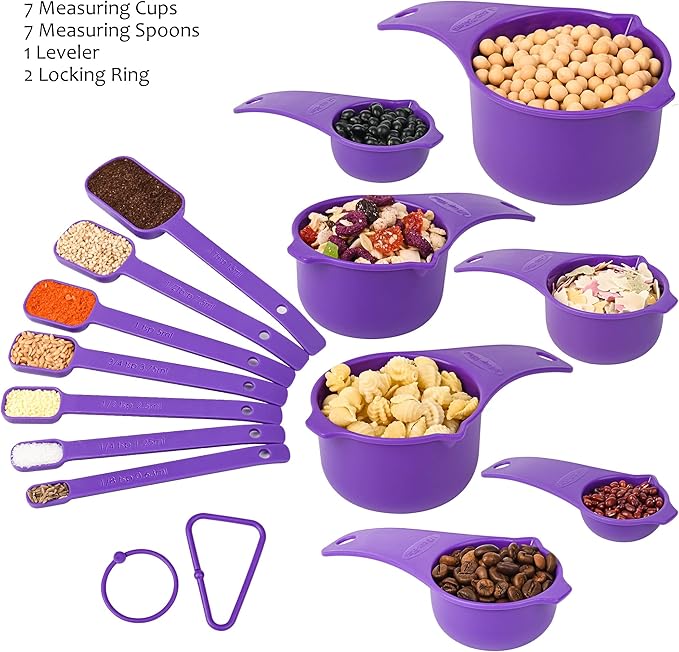 Plastic Measuring Cups and Spoons Set, Purple Dry Measuring cups Set with Spout and Leveler for Kitchen and Baking, BPA free and Dishwasher Safe, Nesting Measuring Cups Set of 15