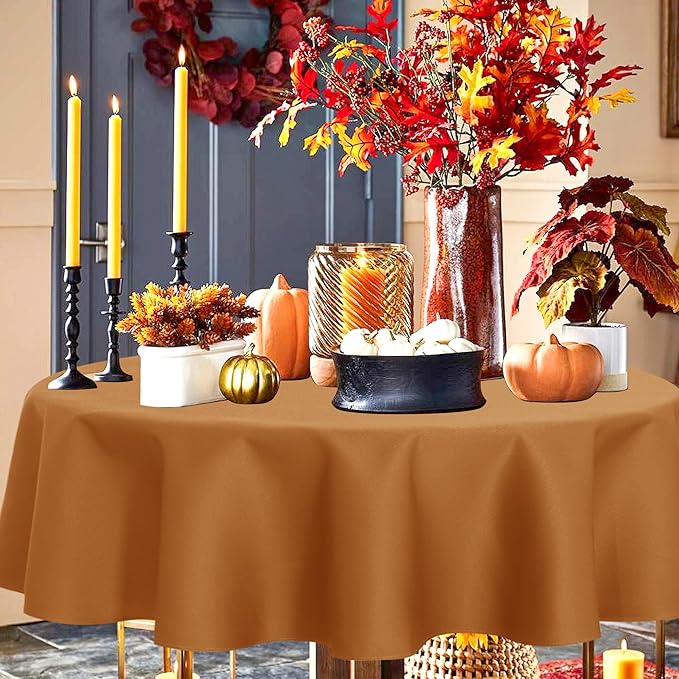 sancua Round Tablecloth 60 Inch(Fits 20-48 Inch Tables) Light Brown- Water Resistant Spill Proof Washable Polyester Fall Table Cloth Decorative Fabric Cover for Dining Thanksgiving Parties, Bronze