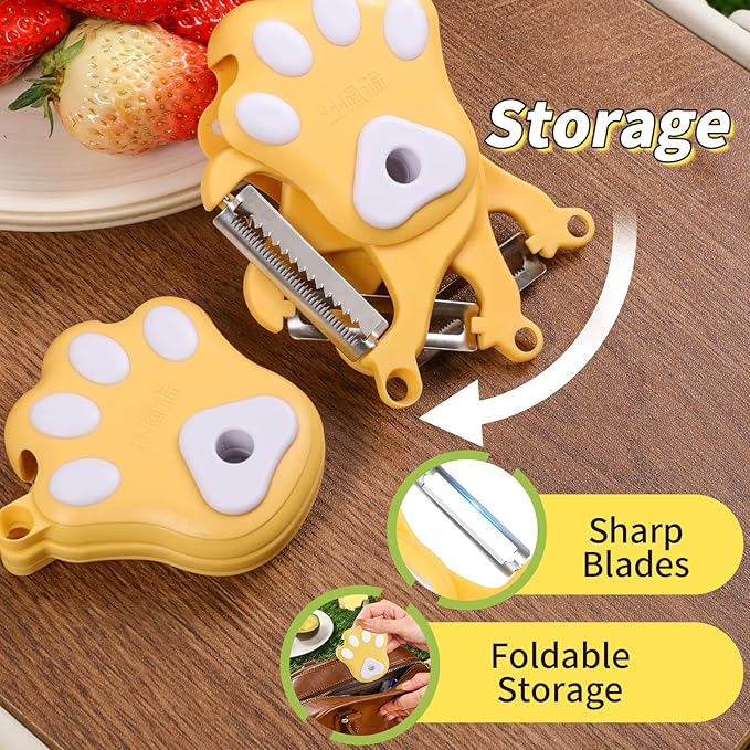 3-in-1 Fruit Vegetable Peeler for Kitchen, Foldable Julienne Slicer, 3 Sharp Stainless Steel Blades, Cute Cat Claw Potato Peelers, Easy Peeling & Shredding Tool for Carrot, Cucumber, Apple & Veggies