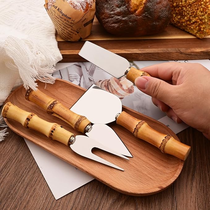 Bamboo Cheese Knife Set, 8-Piece Steel Stainless Cheese knife Set with Bamboo Handle, Mini Cheese Cutter, Cheese Fork, Cheese Slicer, Spreader, For Party, Travel and Kitchen