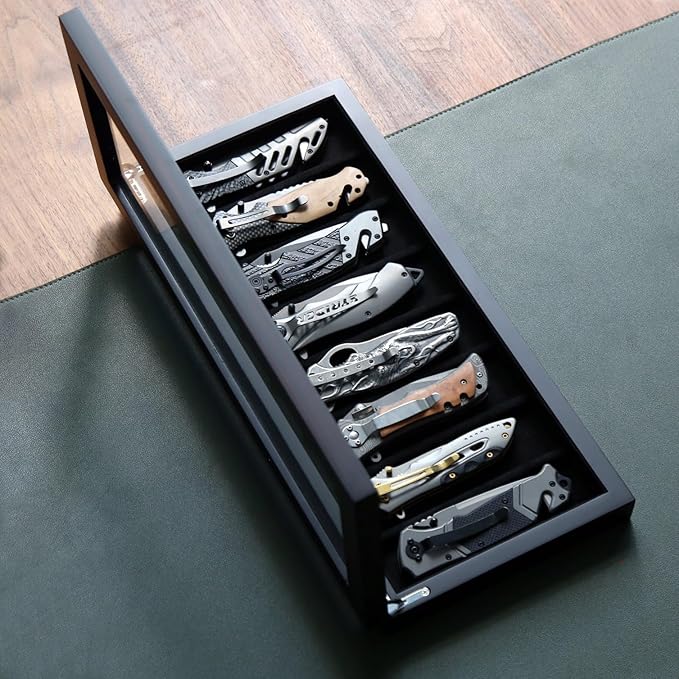 Bonaking Knife Display Case for 8 Pocket Knives - Pocket Knife Case Storage Box for Men's Gift - Knife Cases for Collections with Ebony Finish and Glass Window Top