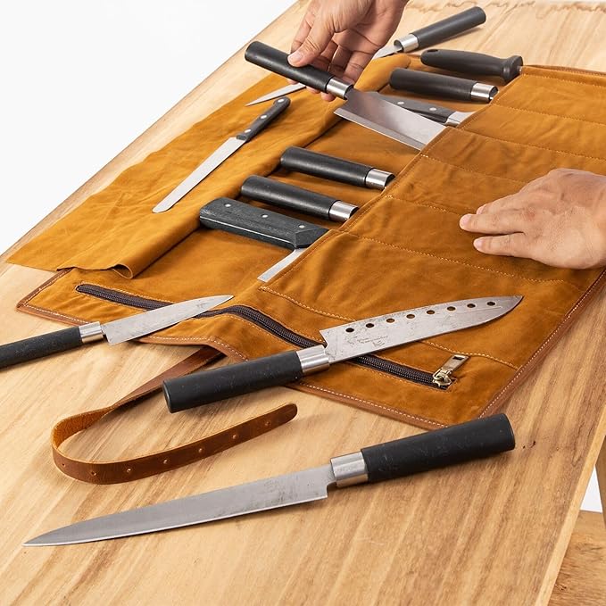 BSLGCTX Leather Knife Roll, Chef Knife Roll Bag, Knives Carrying Case, Culinary Tools Carrying Storage, Portable Travel Storage with 7 Slots & Zipper, Gifts for Chef (Brown)