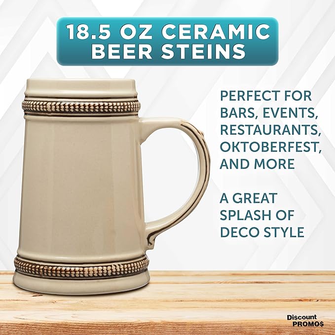 DISCOUNT PROMOS Ceramic German Beer Steins 18.5 oz. Set of 6, Bulk Pack - Restaurant Barware, Great for Oktoberfest, Wedding, Party, Birthday, Events - Brown