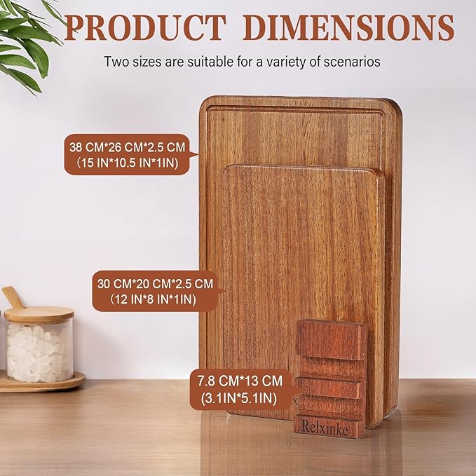 Relxinke Solid Teak Wood Cutting Board Set One Piece Non Glued Large Thick Crack Resistant Wooden Chopping Board with DeepJuice Grooves Built in Handles for Kitchen Meat Bread 15x10.2IN &11.8 * 7.9IN
