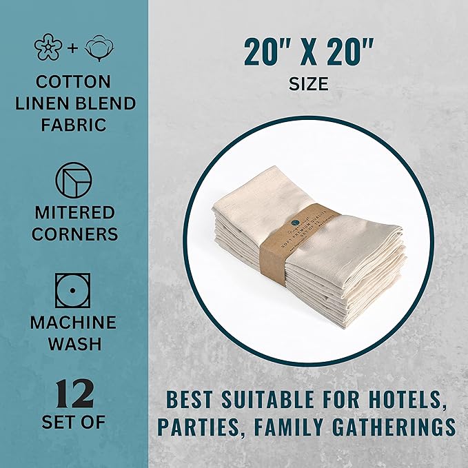 FINGERCRAFT Dinner Cloth Napkins, Cotton Linen Blend 12 Pack Natural Premium Quality, Mitered Corners for Every Day Use Napkins are Pre Shrunk and Good Absorbency Christmas Cloth Napkins Ivory