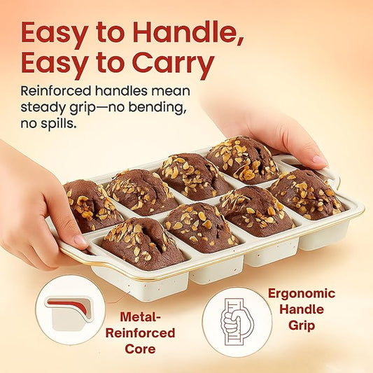 2-Pack Silicone Mini Loaf Pans for Baking Bread – 8-Cavity Nonstick Baking Molds with Metal-Reinforced Handles – BPA-Free, Odor-Resistant Silicone mini bread loaf pans for Cakes & Meatloaf – Cream