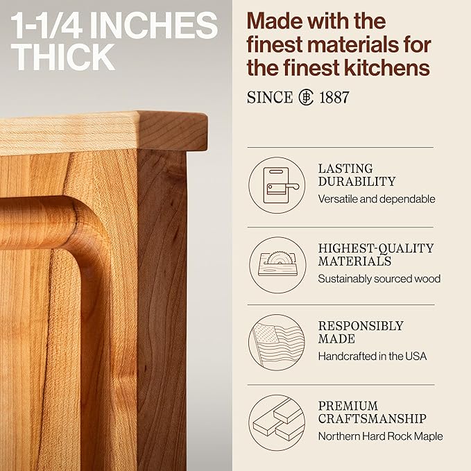 John Boos Countertop Series Rectangular Wooden Maple Cutting Board 23.75”x17.25” – 1.25” Thick, 18-lb Reversible Butcher Block with Juice Groove, Counter Lip & Edge-Grain – Made in the USA