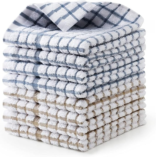 Egles 8 Packs Kitchen Dishcloths, 100% Cotton Grid Terry Dish Cloths 12" x 12" Ultra Soft Super Absorbent Dishrag Reusable Dishcloth, Multi-Purpose Quick Drying Hand Dish Towel Set with Hanging Loop
