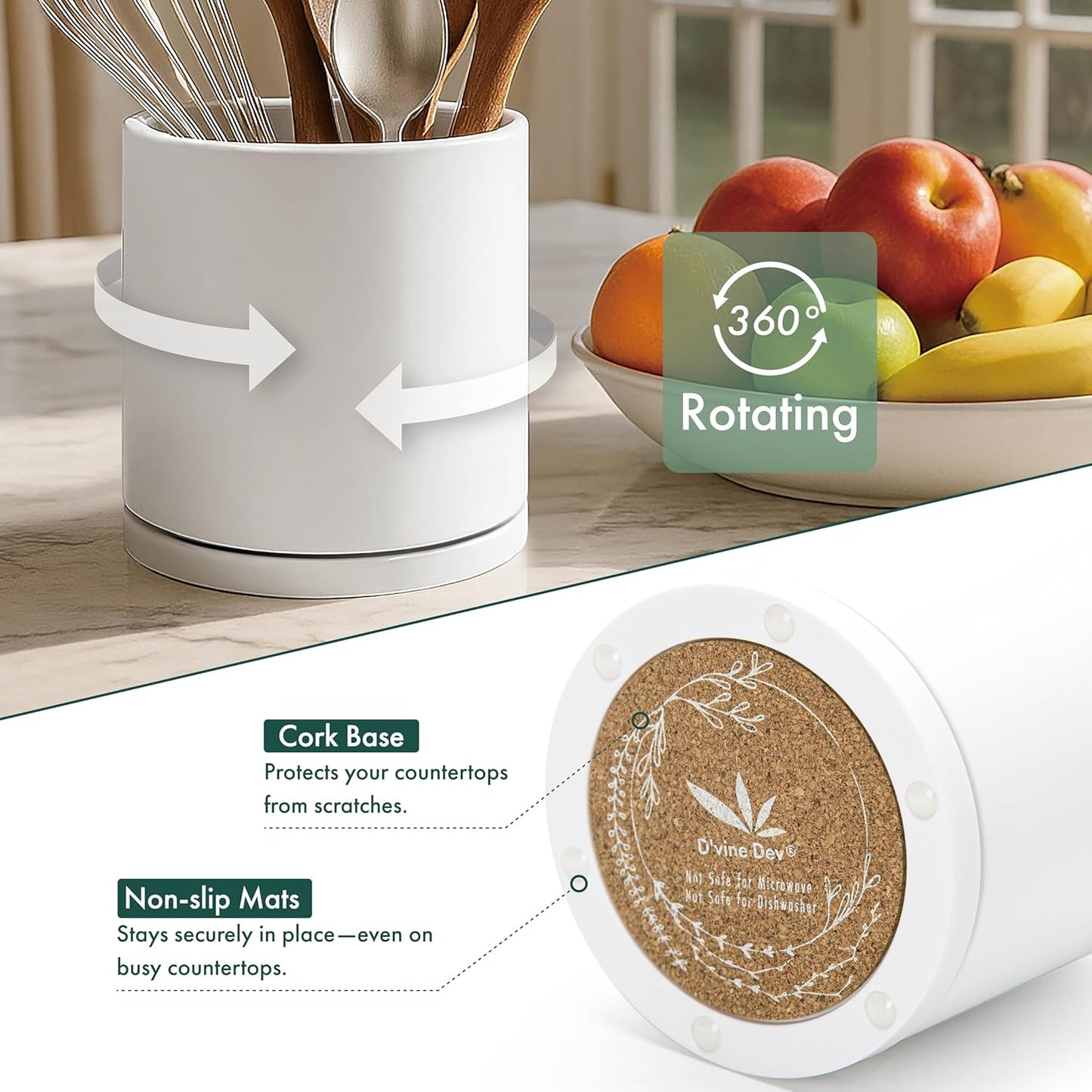 D'vine Dev 360° Rotating Utensil Holder Set – 7.2"+5" Kitchen Utensil Crocks for Countertop, Modern Cooking Tool Organizers for Kitchen Storage +Décor, White, Set of 2, 72-Z-A-1