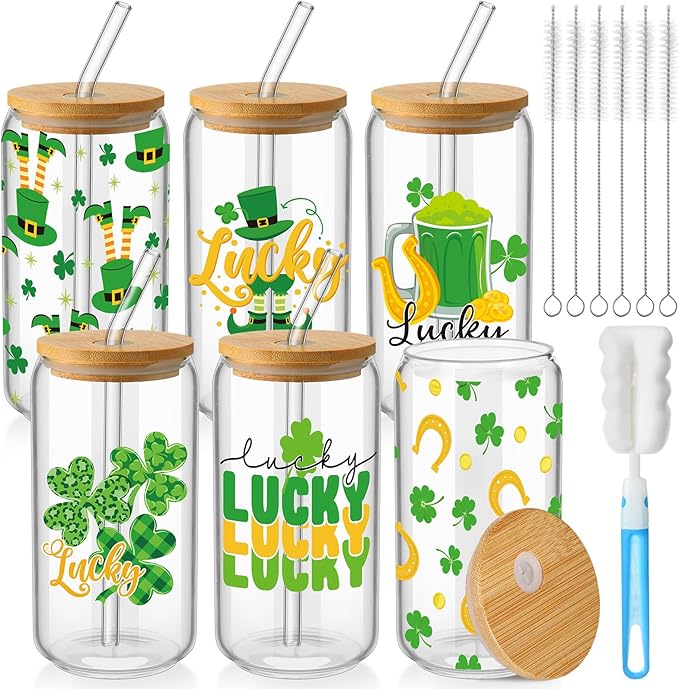6 Pcs St Patrick's Day Glass Cups Shamrock Tumbler with Bamboo Lids and Straws 16 oz Irish Lucky Clover Reusable Can Shaped Drinking Glasses Bulk for St Patrick's Day Party Supplies