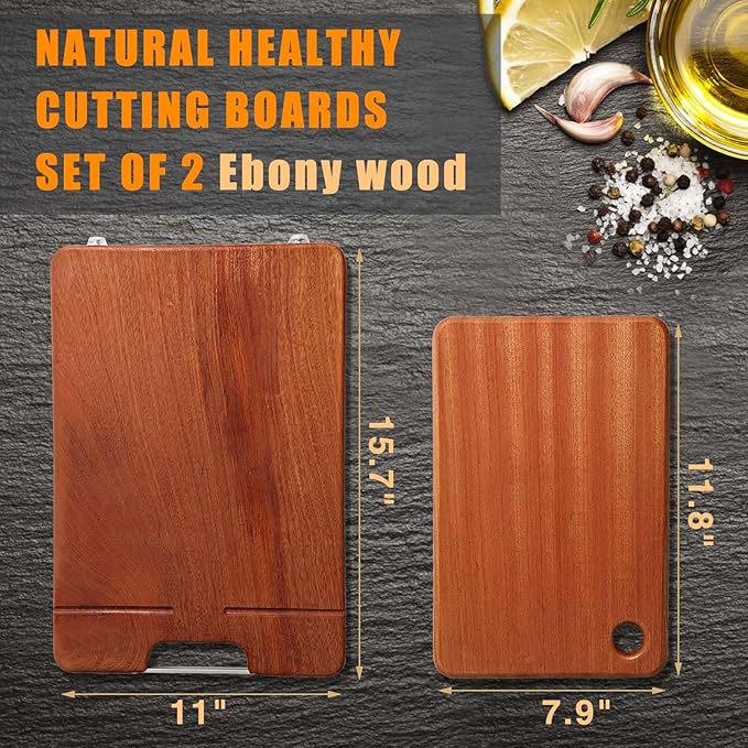 KASAFEI Ebony Kitchen Cutting Board, Wooden Chopping Board, Durable, Solid Wood, Suitable for Cutting Meat, Cheese, Vegetables, Fruit, Raw and Cooked Food, Grooved Tray with Handle [Set of 2]