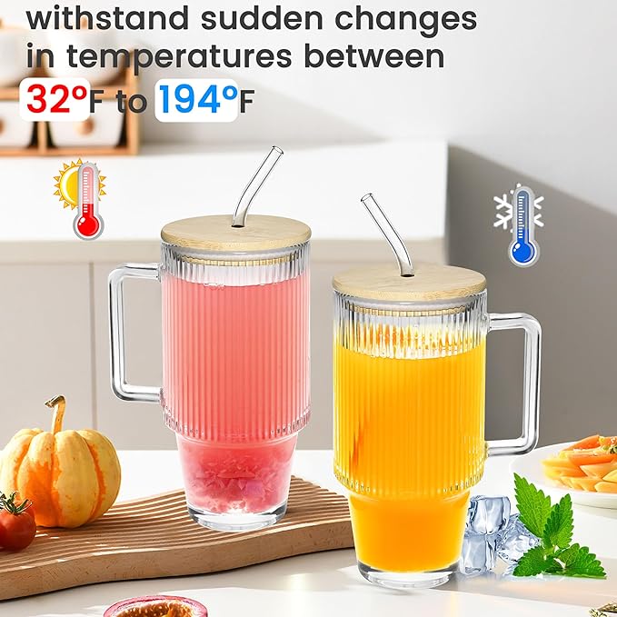 24oz Ribbed Glass Cups with Lids and Straws Handle Iced Coffee Drinking Glasses Heavy Duty Tumbler for Cold Drink Smoothie Boba Tea(Ribbed with Bamboo Lid)