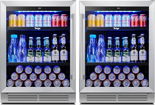 Yeego 24-Inch Built-In Beverage Refrigerator (2 Pack) - Large Capacity Drink Cooler with Glass Door, Auto Defrost Beverage & Wine Fridge for Cans and Bottles, Under Counter & Freestanding