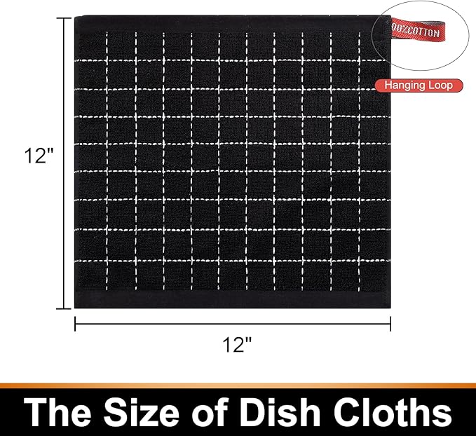 Mordimy 100% Cotton Terry Cloth Dish Cloths, Soft and Absorbent Checkered Dish Towels, Quick Drying Dish Rags for Washing Dishes, 6 Pack, 12 x 12 Inches, Black