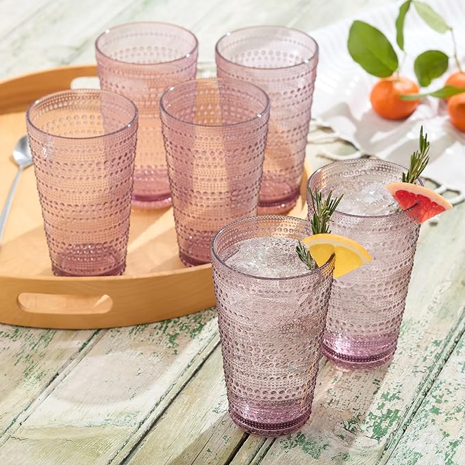 Santa Fe Plum Set of 6 Premium Acrylic Ice Tea Glass 22 oz – Unbreakable Drinkware with Textured Bubble Design, Shatterproof Tumblers for Indoor & Outdoor Use