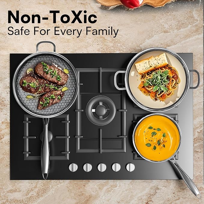 KURRUNGIE Non Stick Frying Pans Set with 3 Lid, Non-Toxic Hybrid Pans Set Nonstick (8+10+12inch),Pan for cooking, nonStick Cookware, Dishwasher and Oven-Safe Cookware Sets, Stainless Steel Skillets