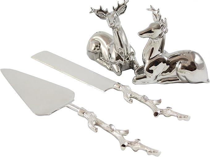 Server Set, Cake, Pie, Desert Flatware Set, Tree Branch Design, 2-piece 18/10 Stainless steel with brass handles (light antique silver finish)