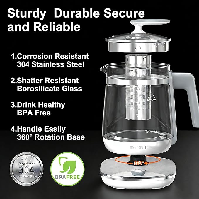 1200w Electric Kettle, 1.5L Borosilicate Glass tea kettle, Hot water kettle electric for Coffee or Tea, BPA Free, Auto Shut-Off, Stainless Steel, Fast Boil, White