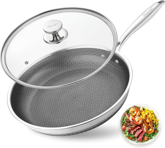 Dingerkit Non Stick Frying Pans, Stainless Steel Nonstick Fry pan with Honeycomb for Kitchen Cooking - 11” Skillet with Lid for Cookware - Works with Induction Cooktop Ceramic and Gas.