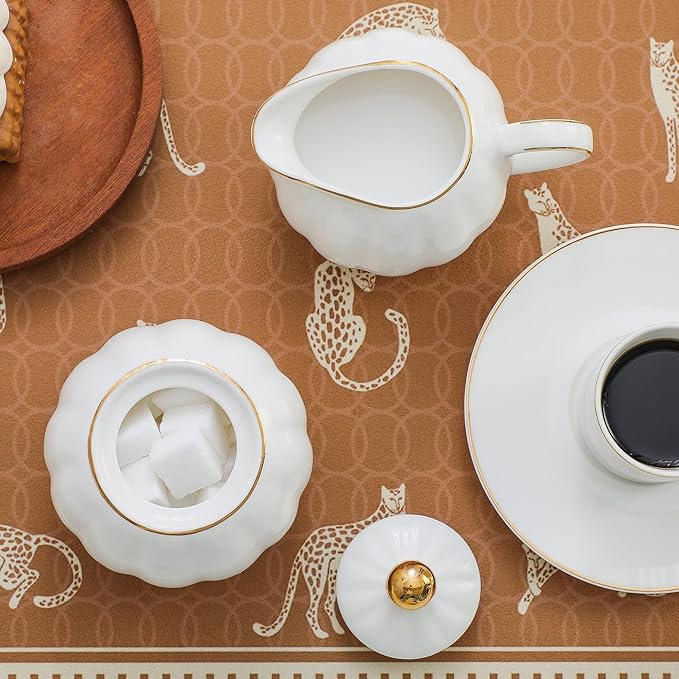 White and Gold Porcelain Sugar Bowl and Creamer Set - 12oz Lidded Sugar Pot & 10oz Milk Jug with gold rim, Elegant Tea and Coffee Accessories, Table Decor and Gift