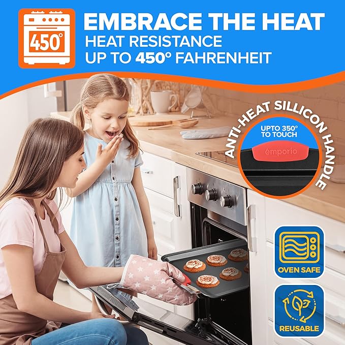 Emporio Kitchen Baking Pan Set - Nonstick Coating, Carbon Steel Bakeware Set with Red Silicone Handles, PFOA, PFOS, PTFE Free, Recipe Booklet Included, Oven Safe Tray (Up To 450° F), Set of 8 - Black