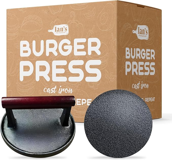 Ian's Smash Burger Press 6.5" Cast Iron Hamburger Press Heavy Duty - Burger Smasher Griddle & Meat Press - Makes Great Gift for Dad
