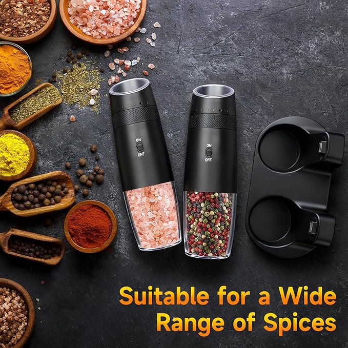 Gravity Electric Salt and Pepper Grinder Set - Automatic Refillable Salt and Pepper Shakers External 6 Levels of Adjustable Coarseness, One-handed Easy Operation,Rechargeable Base LED Light