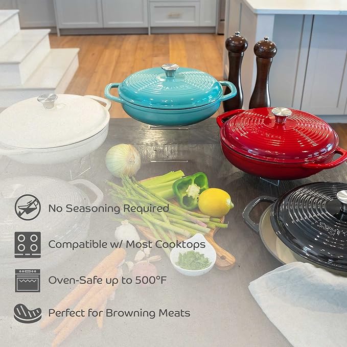 Segretto Cookware 3.6 QT Verde Chiaro (Light Green) Cast Iron Braiser Pan With Lid, Braiser Enameled Cast Iron Casserole Pan With Cover, Lasagna Pan Enamel Cast Iron Skillet with Lid Cookware