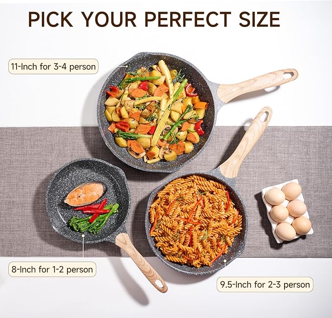 JEETEE 11 Inch Nonstick Frying Pan, Stone Coating Cookware, Nonstick Omelette Pan with Heat-Resistant Handle, Compatible with All Stoves (Grey)
