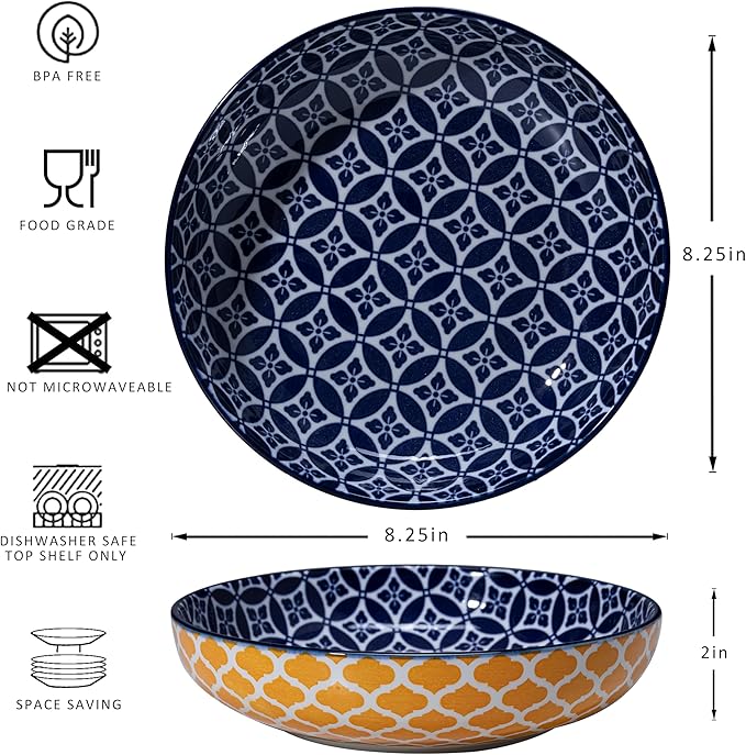 LEHAHA Porcelain Pasta Bowls, 32oz Ceramic Dinneware Dinner Bowls Set of 4, Large Colorful Wide and Shallow Salad Serving Bowls for Kitchen, Dishwasher & Microwave Safe, Multicolor