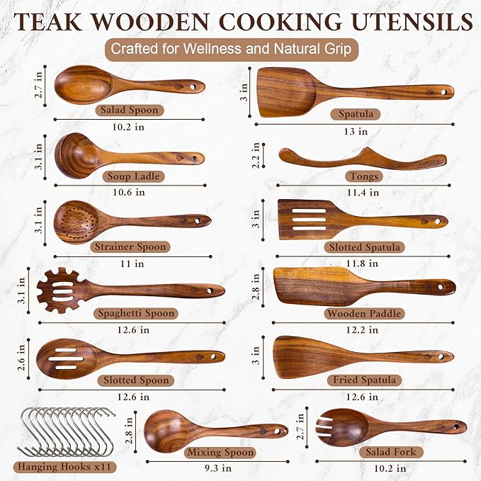 12 Piece Wooden Spoons for Cooking, Natural Teak Wooden Utensils Set, Handmade Wood Kitchen Utensil Set with Hooks, Durable Nonstick, Comfort Grip, Heat Resistant Wood Cookware Tool