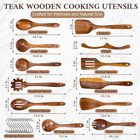 12 Piece Wooden Spoons for Cooking, Natural Teak Wooden Utensils Set, Handmade Wood Kitchen Utensil Set with Hooks, Durable Nonstick, Comfort Grip, Heat Resistant Wood Cookware Tool