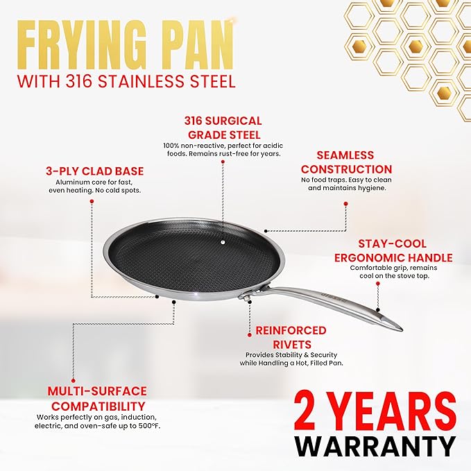 Bezaib 12-Inch Hybrid Nonstick Frying Pan, 316 Stainless Steel, Tri-Ply Skillet, Stay-Cool Handle, PFAS/PFOA Free, Induction Compatible, Oven & Dishwasher Safe